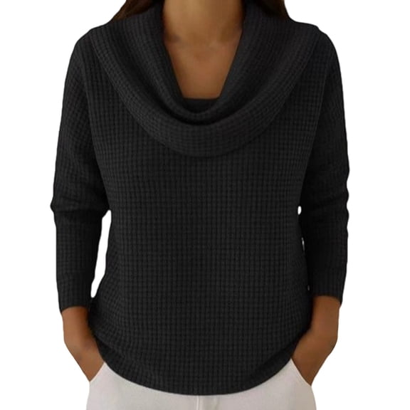 Xinmf Cowl Neck Waffle Knit Pullover Tops for Women Fall Winter Lightweight Long Sleeve Shirts Casual Loose Basic Sweaters Black L