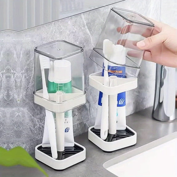 Fmxomd Toothbrush Holder with Cup/Cover, 3 Slots Toothpaste Holder Stand for Bathroom Countertop Plastic Storage Organizer for Toothbrushes, Electric Toothbrushes (2PCS)