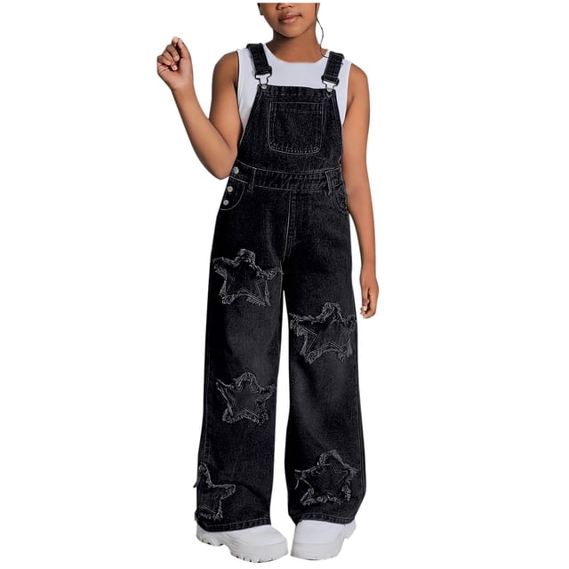 Denim Overalls Dress Girls' Casual Solid Color WideLeg Denim Overalls with FivePointed Star Design