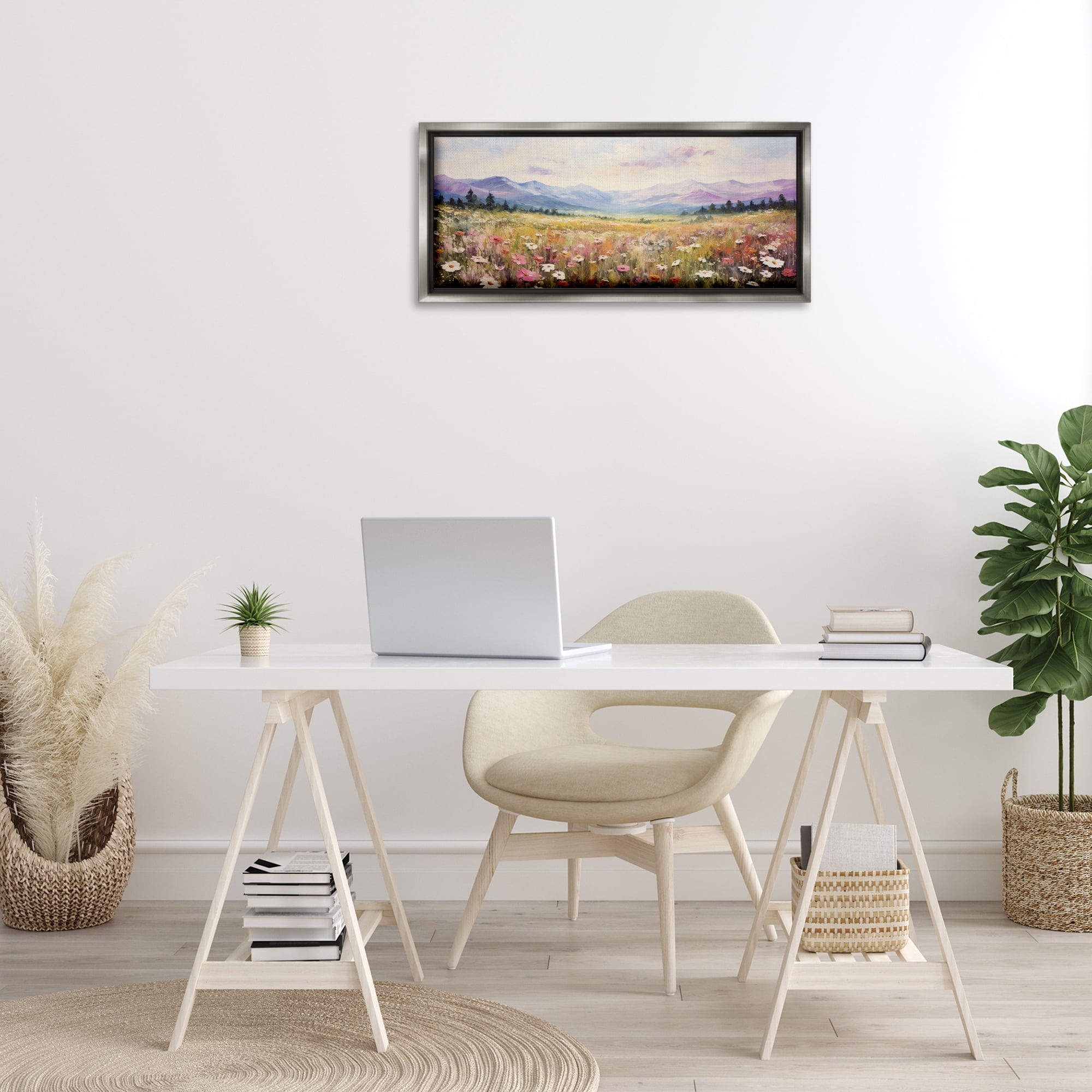 Stupell Industries Mountainous Daisy Meadow Landscape Painting Gray Floater Framed Art Print Wall Art, 31 x 14