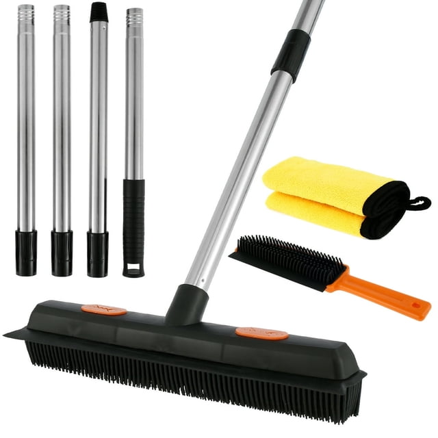 PENGXIANG 3Pcs Rubber Broom with Squeegee Washable Carpet Rake Broom with Adjustable Handle Reusable Fur Remover Broom Portable Detailing Lint Remover Brush Towel Portable Durable for Til