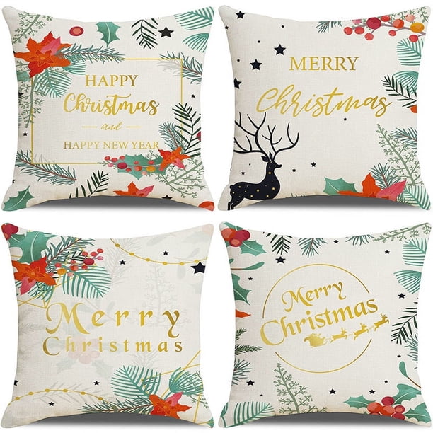 Fundas de Almohada para sofás, Almohadas para decoración navideña , Fundas de Almohada de Lino para decoración del hogarC4PCS