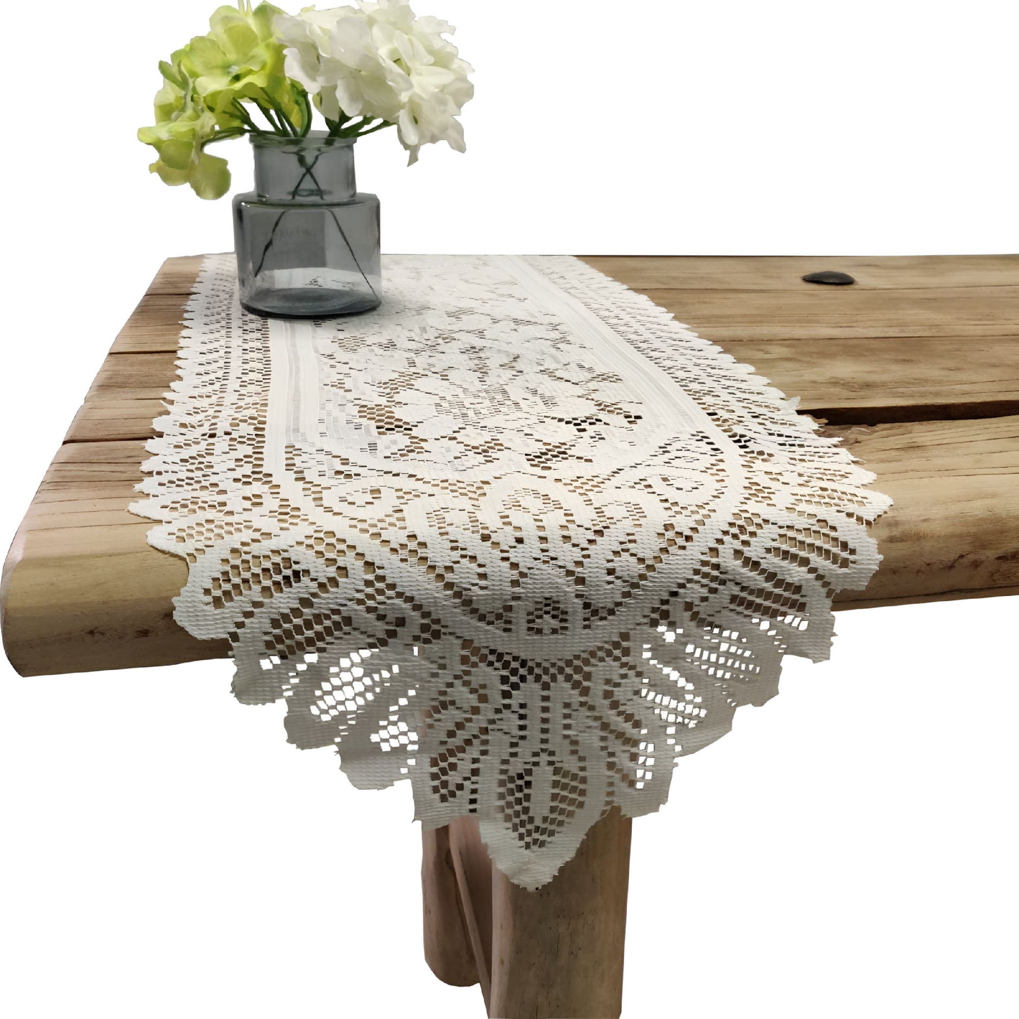 AUQ 2-Pack Cotton Crochet Lace Table Runner, Beige Rectangular Dresser Scarf Doily, European Hollow Out Dining Decor, 13x44 Inch