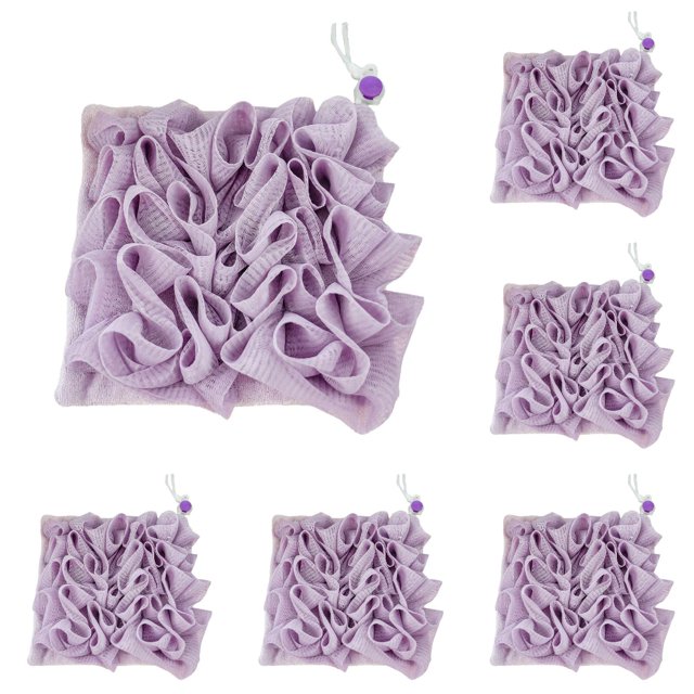 6PCS Loofah Washcloth Combo - 2-in-1 Exfoliating Shower Sponge with Drawstring Soap Holder - Soft Bath Puff Ball for Body Wash & Smooth Skin (Multicolor Set)