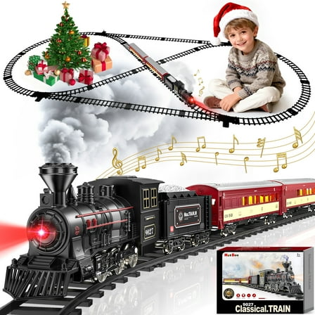 Flooyes Electric Train Set, Metal Alloy Christmas Trains with Steam Locomotive, Glowing Passenger Carriages,Christmas Train Toys  for Boys Girls 3-12 Years