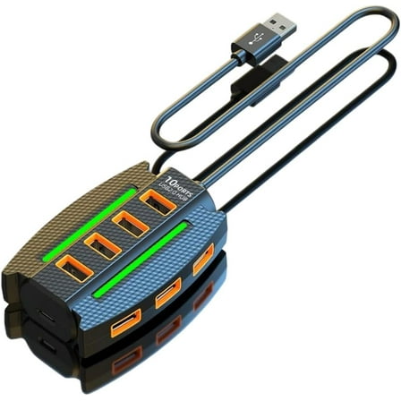 10 IN1 USB Hub, 3.9ft Long Cable Multiport Adapter Extender with RGB Light for Laptop, Desktop, PC