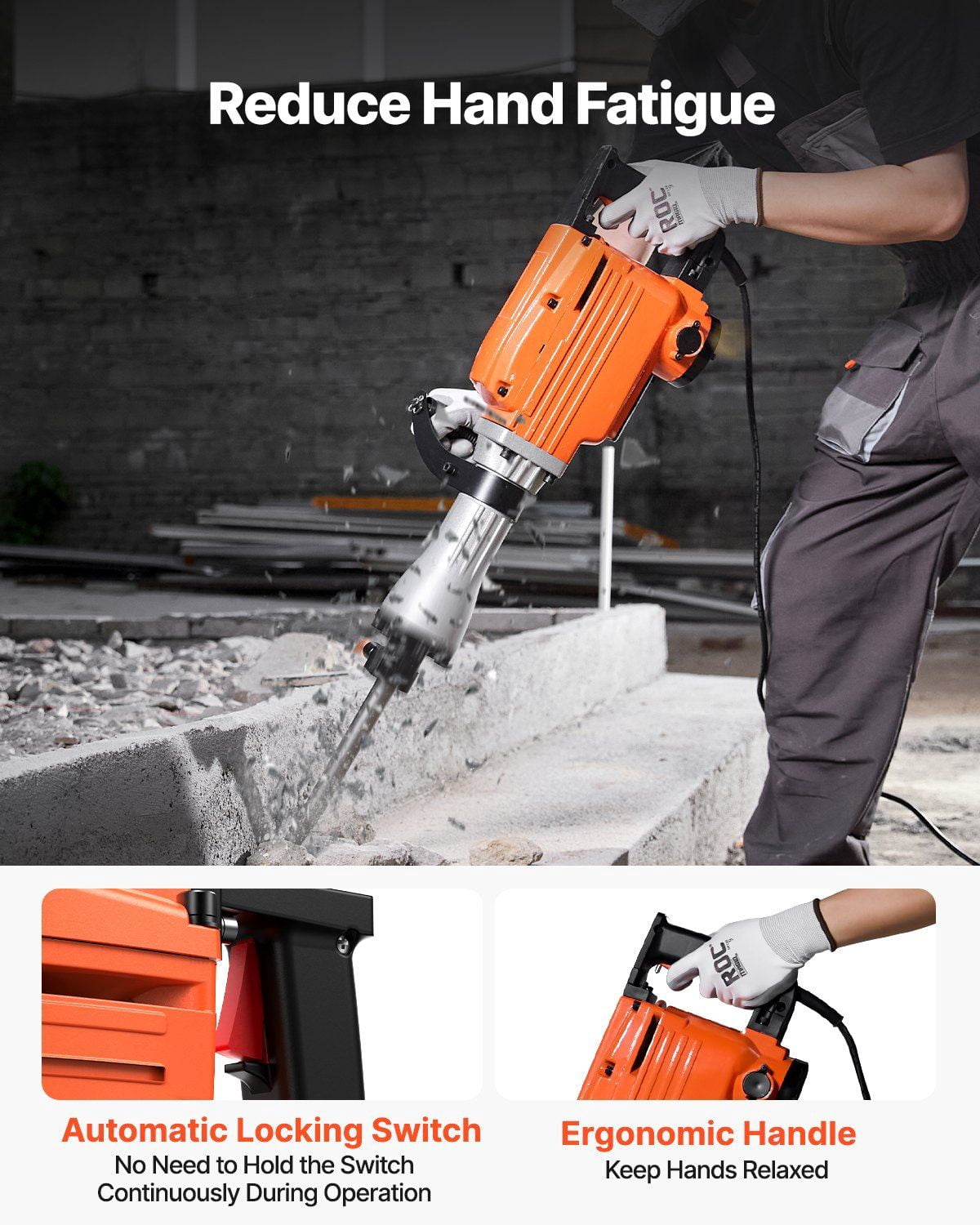 Demolition Jack Hammer, 2200W Electric Jackhammer Heavy Duty, 1350 BPM Concrete Breaker, 2pcs Chisels Bit Chipping with Case