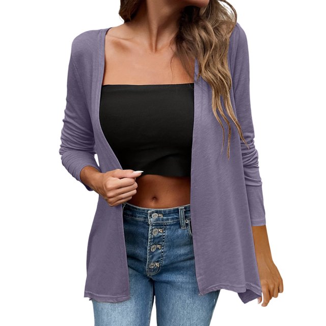 Cardigan Ouvert pour Femmes, Léger, Manches Longues, Décontracté, Mince, Ample, Drapé, Violet, TG