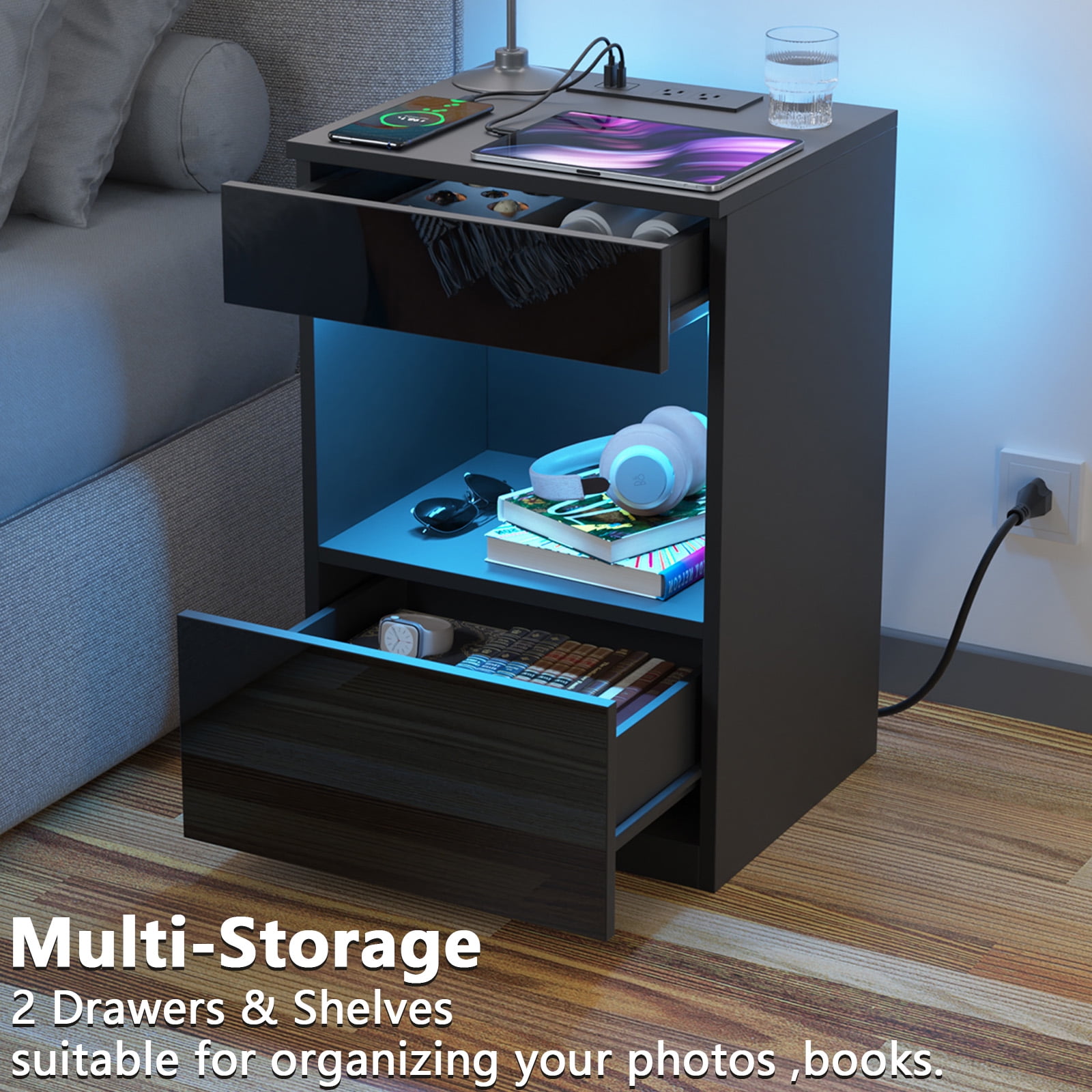 Hommpa Nightstand with Charging Station Nightstands with 2 Drawer Open Shelf Nightstands Black Nightstands High Gloss LED End Table Nightstands for Bedroom Living Room Furniture 23.6" Tall