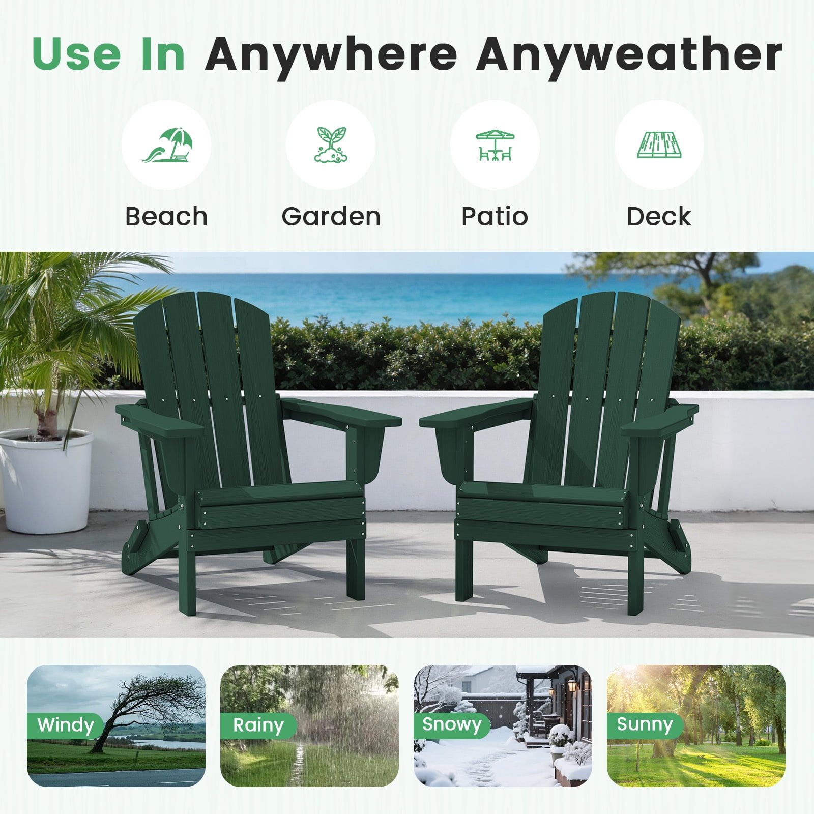 LOYALICE Outdoor Patio Chair, HDPE Plastic Adirondack Chair, Dark Green