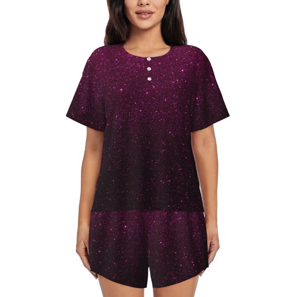 Balery Dark Purple Glitter Conjunto de Pijama para Mujer con Estampado, Dos Piezas de Manga Corta y Shorts, Ropa de Dormir Suave con Cuello Redondo y Bolsillos-X-Large