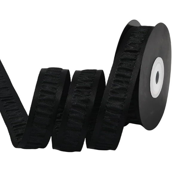 10 Yards 1 Inch Black Pleated Ribbon Polyester Double Faced Ruffle Edge Satin Fabric Ribbons Soild Gathered Ruffled Trim Bulk for Sewing Making Crafts Gift Wrapping Wedding Home Decor DIY