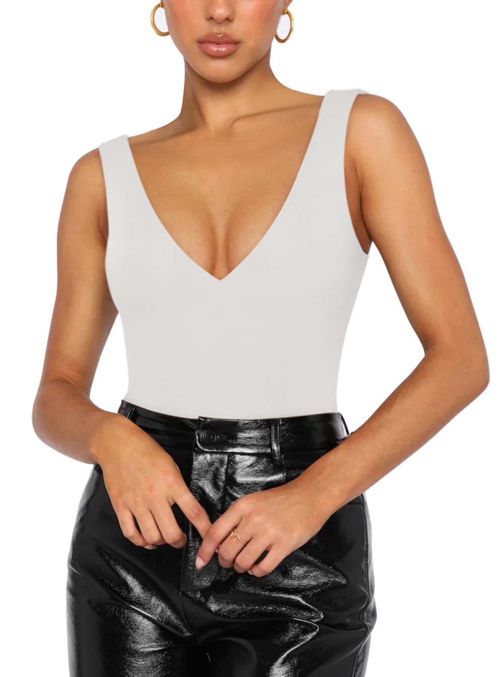 REORIA Women’s Tank Bodysuit Sexy Deep V Neck Sleeveless Tops White,S-2XL - Walmart.com