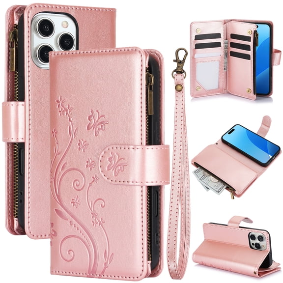 For iPhone 16 Pro Case Wallet Flip with Card Holder and Wrist Strap,Butterfly Floral Pattern Cover Case, Durable Leather Kickstand Magnetic Clasp Shockproof Phone Case for Women,Pink