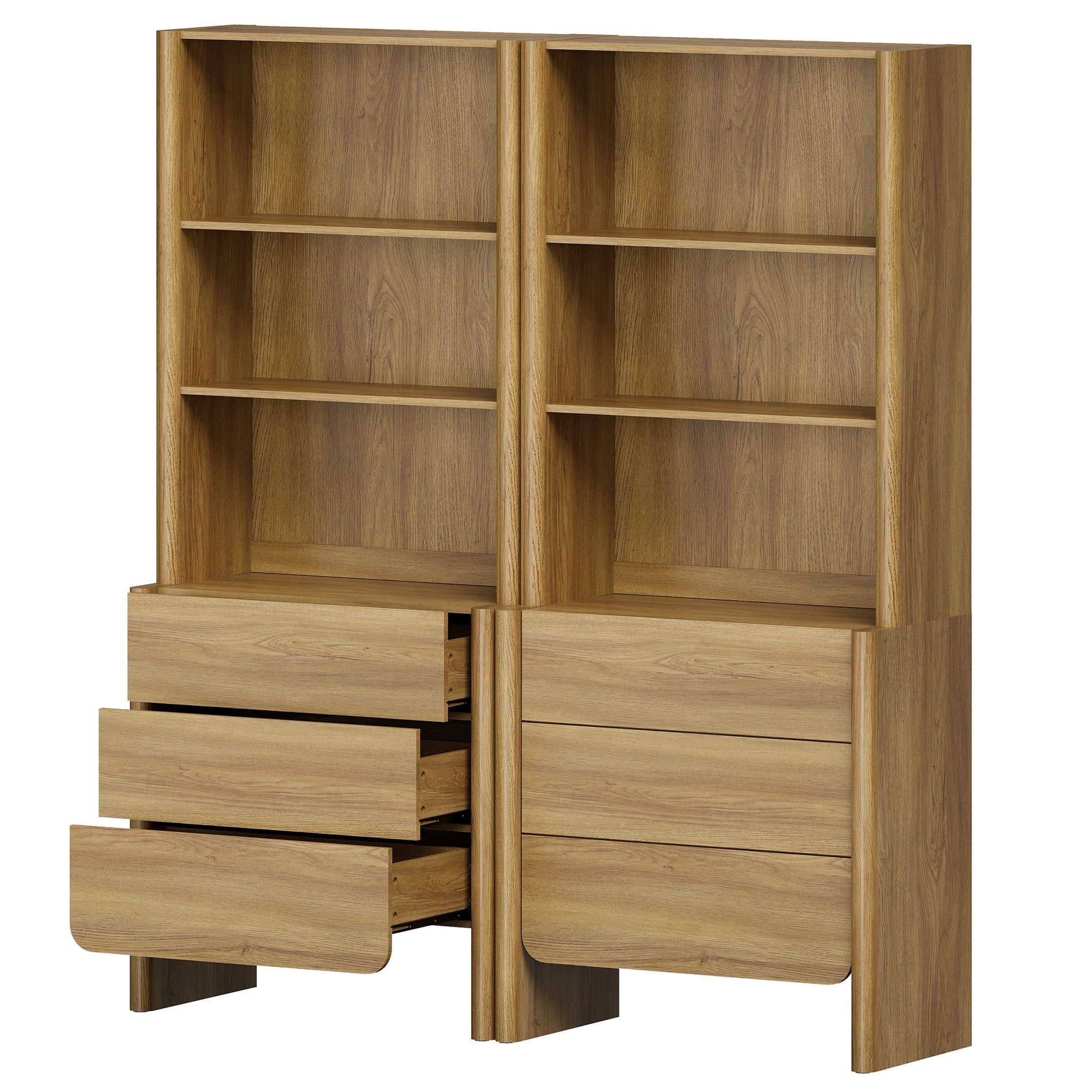 63-Inch Modern French Bookcase with Curved Edges, 6 Drawers and Open Shelving, 72.8" Tall, Walnut