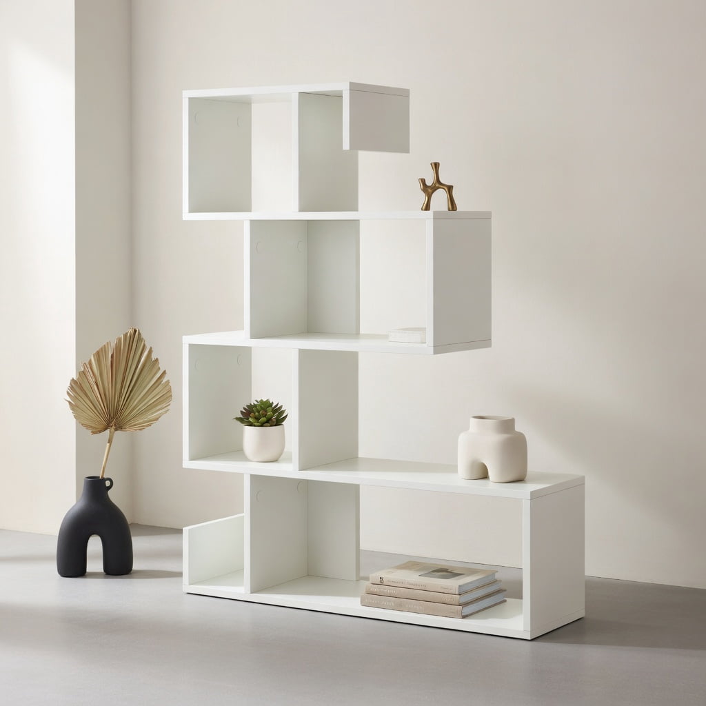 Topcobe 5-Tier S-Shaped Bookshelf Geometric Z-Shelf Bookcase with Open Cubes, Corner Bookshelf Modern Book Case for Books, CDs, Movies, White