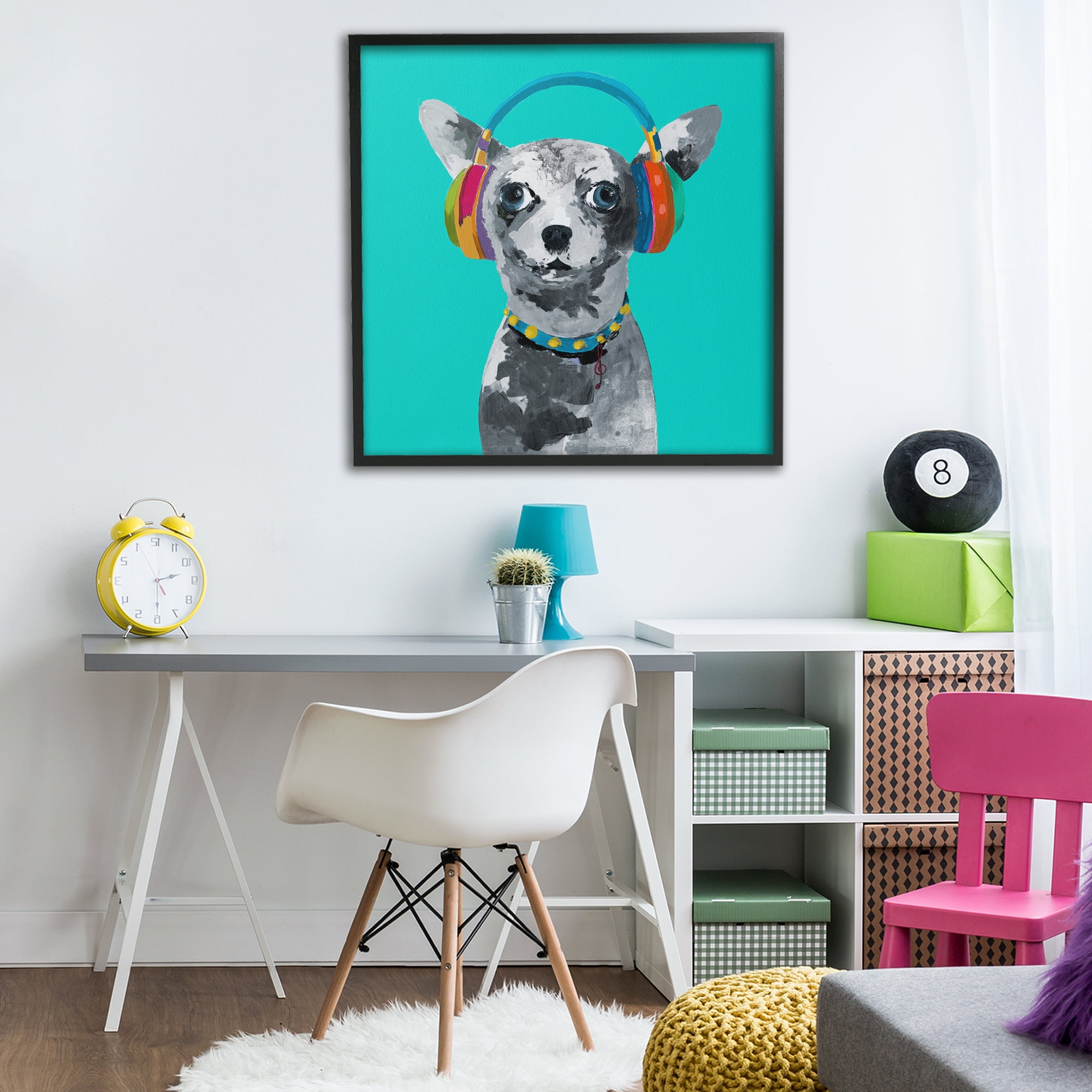 Stupell Industries Jammin' Pup on Blue Black Framed Giclee Art, design by Lorenzo Collective