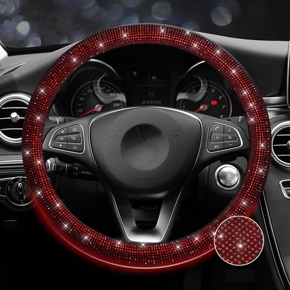 Car Steering Wheel Cover, Bling Bling Rhinestone Shiny Diamond Car Interior Decoration Gifts for Women Steering Wheel Cover, Red