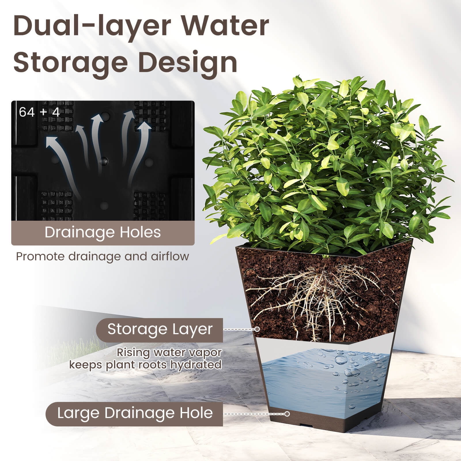 Costway 14" Square Taper Planter Set of 2 with Removable Inner Bucket & Drainage Holes