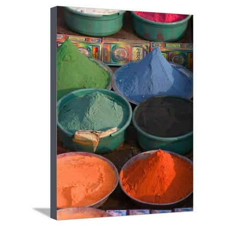 Selling Holy Color Powder at the Market, Puri, Orissa, India Stretched Canvas Print Wall Art By Keren