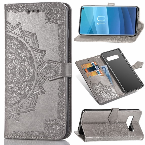 Galaxy S10 Wallet Cases and Covers, Allytech Slim Premium PU Flip Stand Cover Mandala Embossed Full Body Protection with Card Holder Magnetic Closure for Samsung Galaxy S10 Phone, Gray