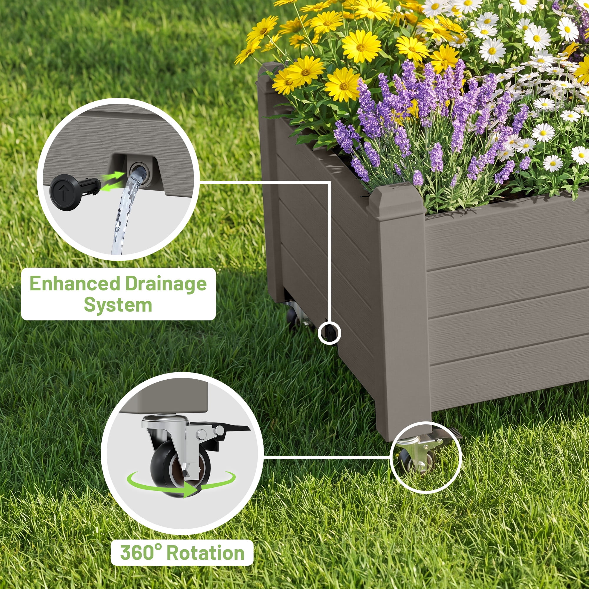 Nihsuao Mobile Raised Garden Bed with Lockable Wheels, Weather-Resistant Wood-Grain Planter Box for Patio, Balcony, Herb & Vegetable Growing, Gray