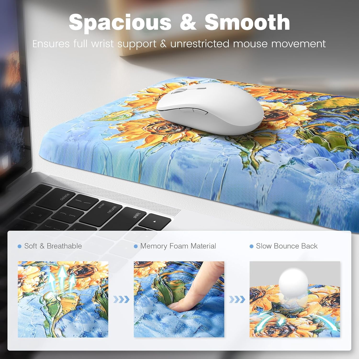 3 in1 Ergonomic Wrist Rest Pad for Computer Keyboard and Mouse, Large Mouse Pad Set with Support for Office, Sunflower