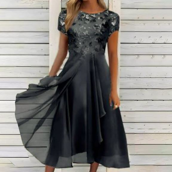 YDDIAN Mother of The Bride Dresses for Women Flowy Lace Chiffon Dress Elegant Formal Evening Party Gown for Wedding Black L