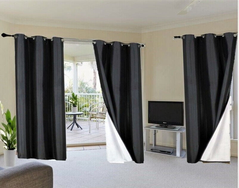 100% Full Room Darkening Adam Blackout Faux Silk Window Curtain 2 Panels Grommets For Bedroom, Living Room 37 inch X 84 inch Black Color