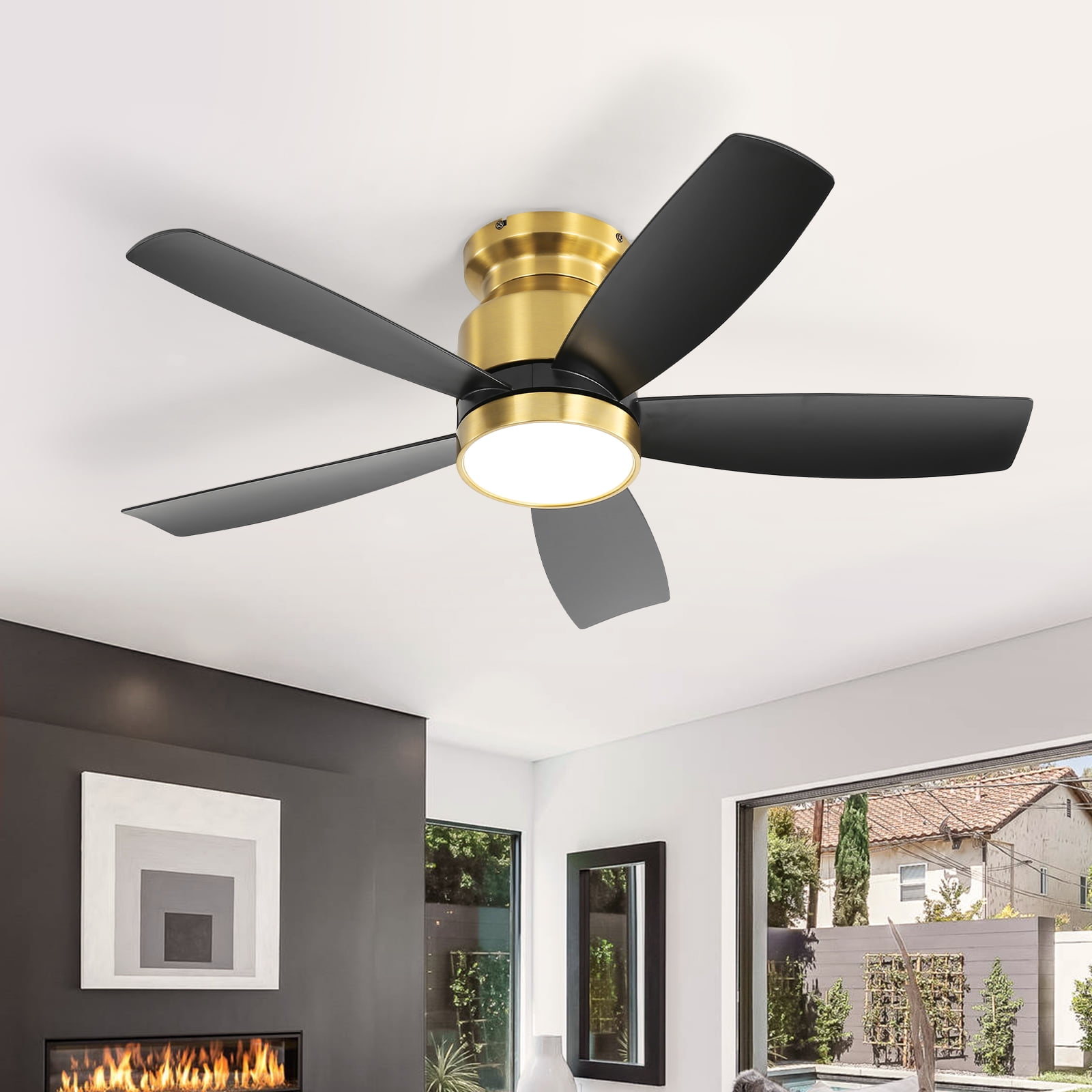 42 Inch Flush Mount Ceiling Fans with LED Light 22W and Remote Control 5 ABS Fan Blades for Indoor