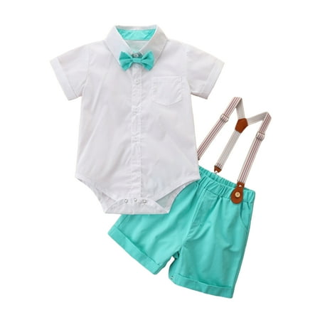 

PBaeM Newborn Baby Boys Short Sleeved Shirt Onesie And Straps Shorts 2Pcs Outfit Sets