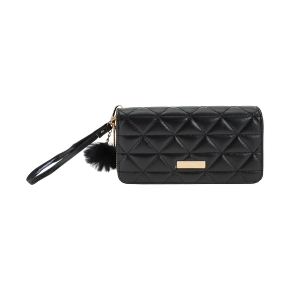 Unique Bargains 1 Pc Coin Purse Wallet Portable Triangle Grid Wristband Plush Pom Double Zips Coin Purse Pouch Black