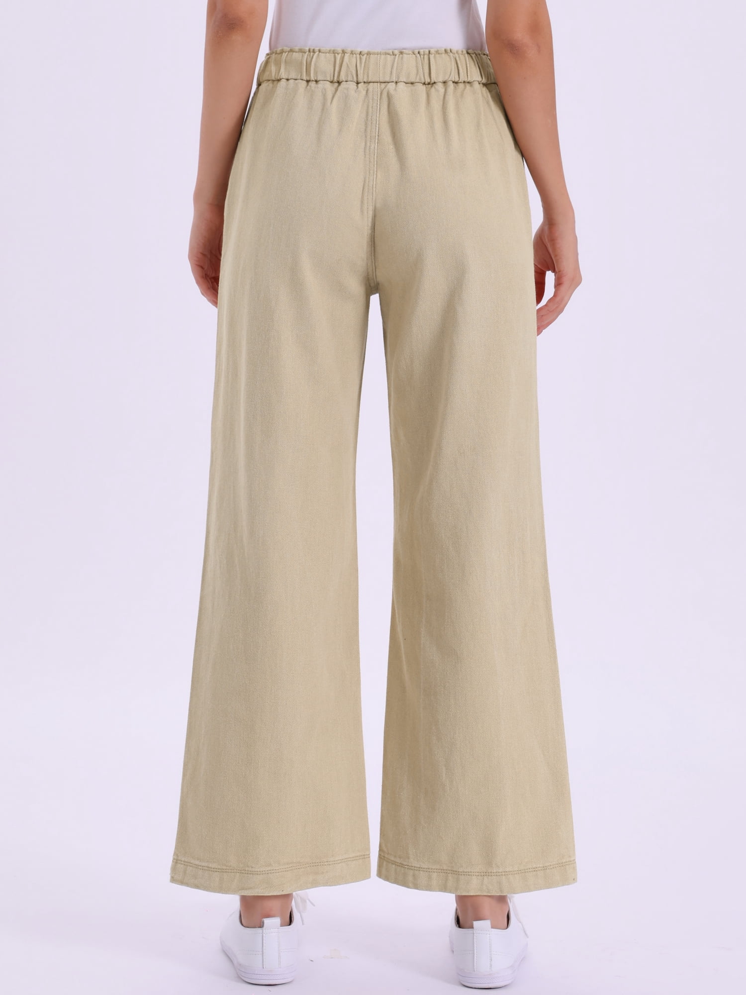 DARING DIVA Women's Trendy Elastic Waist Wide Legs Drawstring Jeans L Khaki
