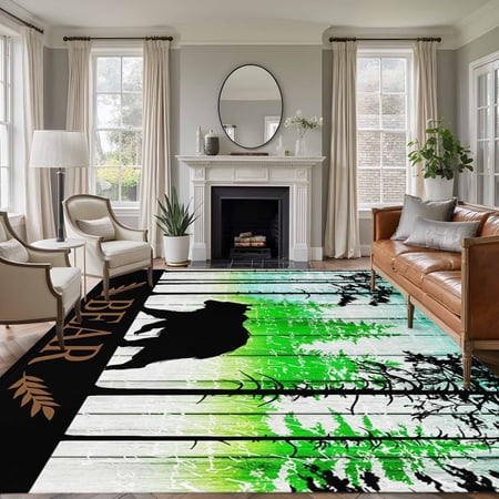 Forest Bear Washable Living Room Rugs 6 x9 Pine Needles Green Gradient Wood Grain Low Pile Throw Large Area Rug Non-Slip Sturdy Edge Binding Carpet for Dining Room Kitchen Office