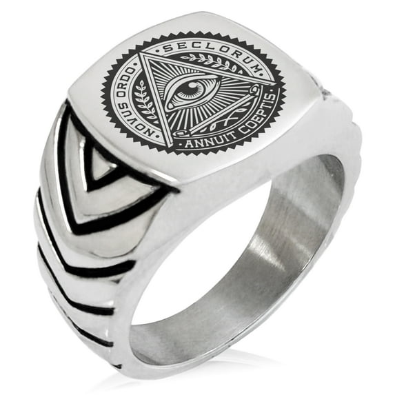Stainless Steel All Seeing Eye Novus Ordo Seclorum Chevron Pattern Biker Style Polished Ring