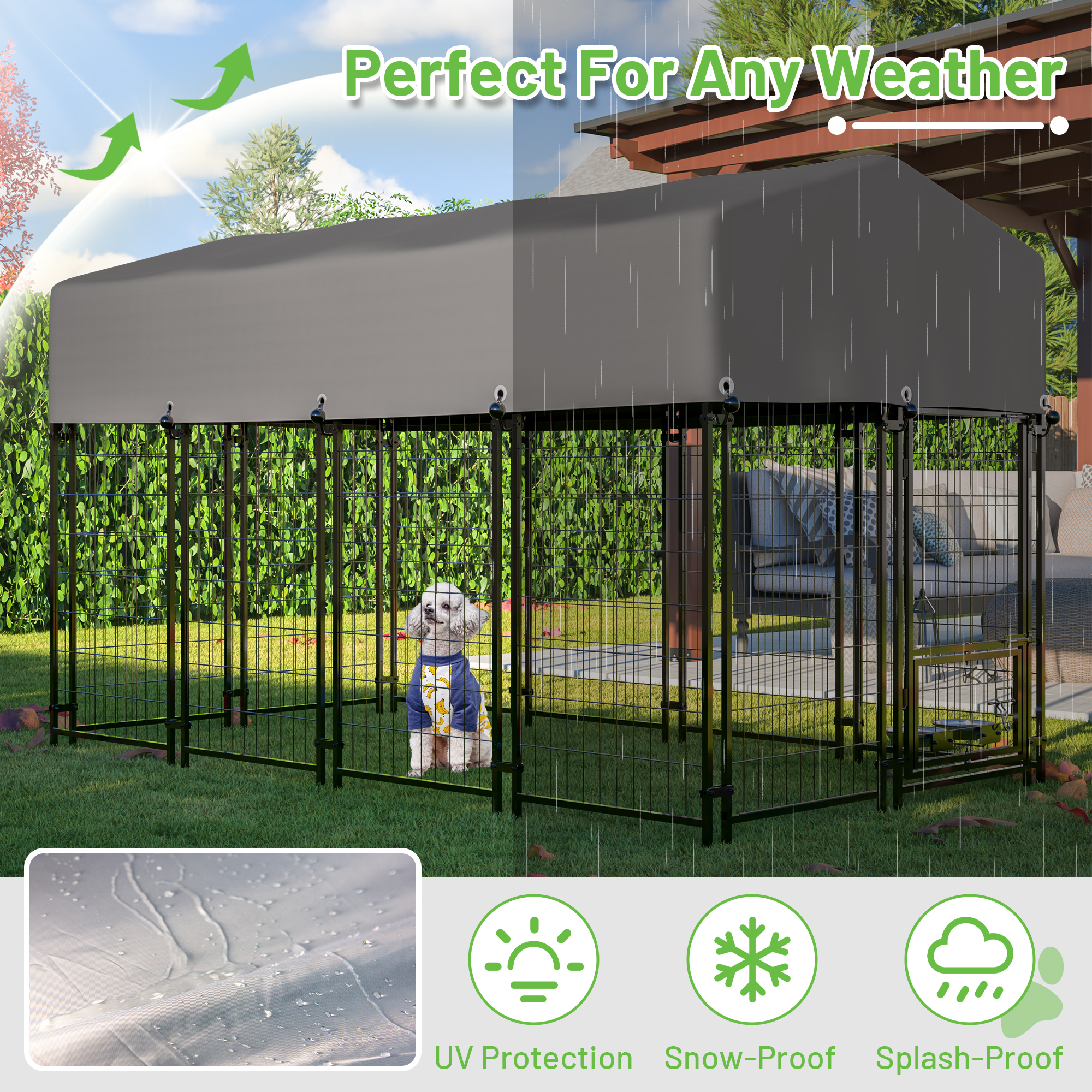 Outdoor Dog Kennel with Roof, 7.8'x3.8'x4.8' Welded Wire Dog Kennel Outside Run with 360° Rotating & 2 Bowls, for S&M&L Breeds, Chickens, Ducks