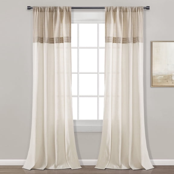 Farmhouse Faux Linen Colorblock Pleated Window Curtain Panel Single Blue/Off White 40x84
