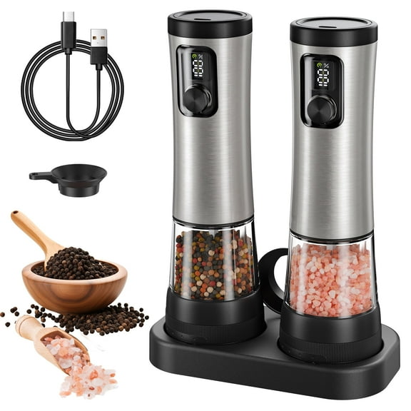 Moreblue Electric Salt and Pepper Grinder Set, Automatic Rechargeable Salt and Pepper Mill with LED Display, Salt Pepper Shaker Electric with 5 Adjustable Coarseness