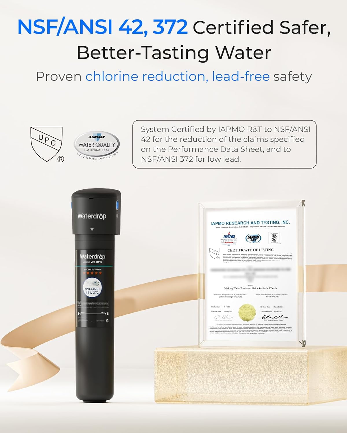 Waterdrop 15UA Under Sink Water Filter System, Under Counter Water Filter Direct Connect to Kitchen Faucet, NSF/ANSI 42 Certified, with one filter