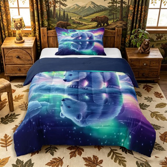 Castle Fairy Wildlife Aurora Polar Bear Twin Comforter Sets 2pcs for Teens,Icy Lake Snow Mountain Bedding Set,Mint Purple White,Navy Blue Reversible,1 Comforter and 1 Pillowcase