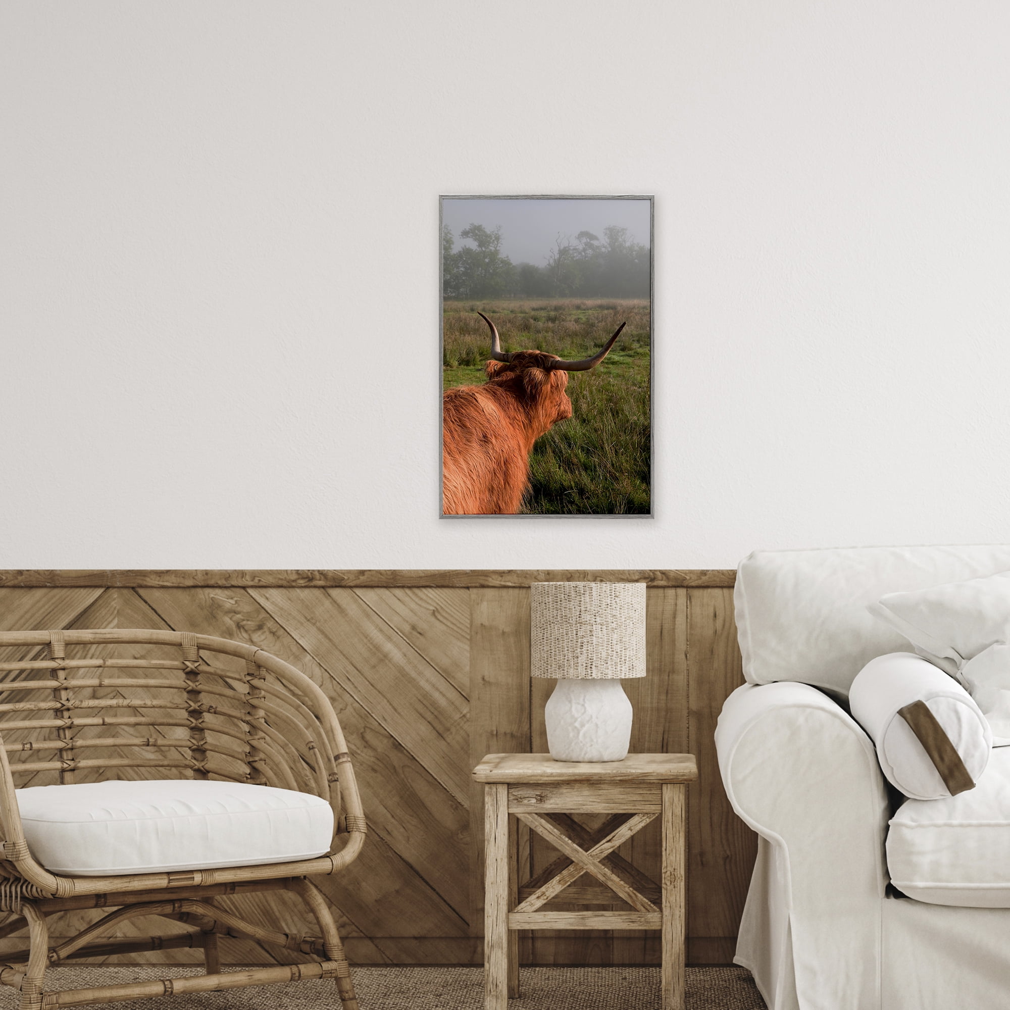 Highland Cow Gazing Out Gray Framed Giclee Art, design by Jenny Rainbow Fine Art