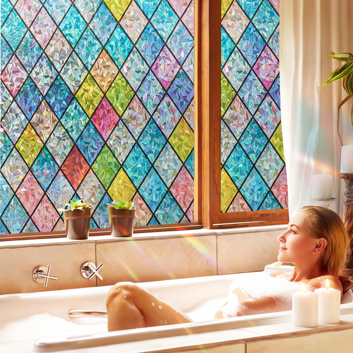Fancy-Fix Stained Glass Window Film, Rainbow Window Privacy Film Decorative, Sun Blocking Window Tint For Home, Heat Control Anti UV Door Window Cover, 35.4" X78.7 "