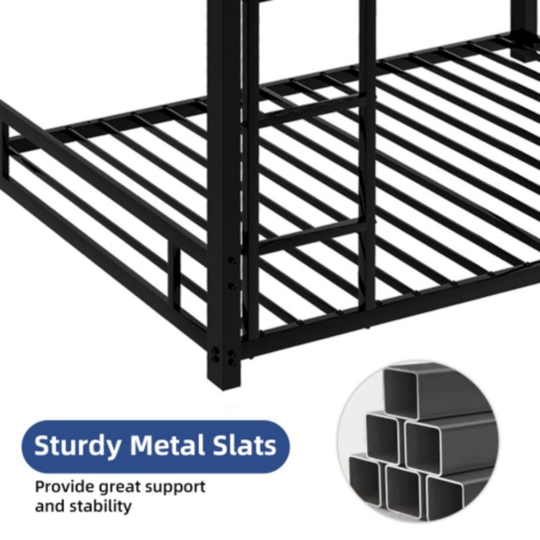 Twin Over Twin Metal Bunk Bed, Heavy-Duty Frame with 13" Guardrails, 3-Step Ladder, Noise-Reduced Slats, No Box Spring, Black
