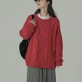 thumbnail image 2 of VISALY Pullover Crewneck Sweatshirt Knit Sweater Cable Knit Sweaters for Women Casual Knit Pullover Sweater Long Sleeves Jumper Tops Crochet Sweaters Women Pullover Sweaters Sweatshirts Red One Size, 2 of 6