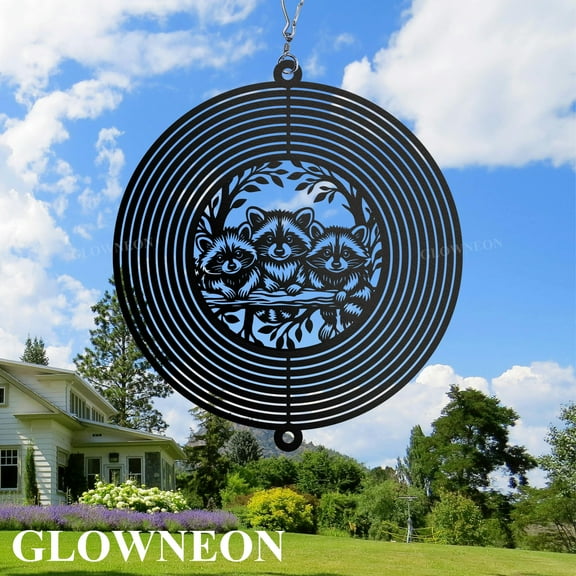 GLOWNEON Metal Raccoon Wind Spinner, Kinetic Outdoor Hanging Garden and Yard Decor