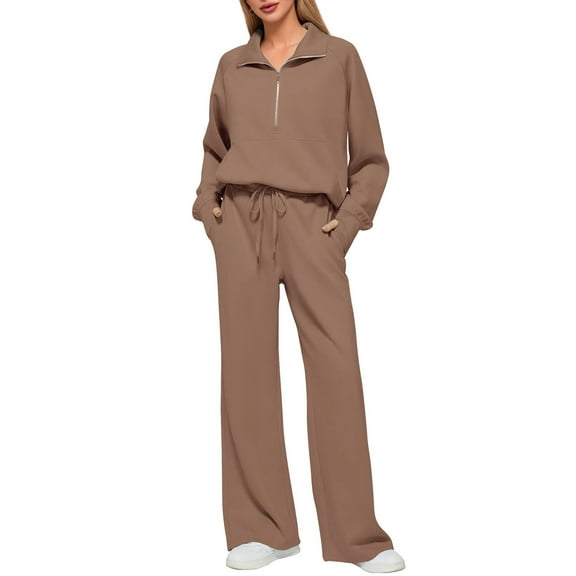 JYLFC Womens 2 Piece Outfits Set Jogger and Hoodie Sweatsuit Sets Oversized Half Zip Sweatshirt Sweatpants with Pockets Khaki XL