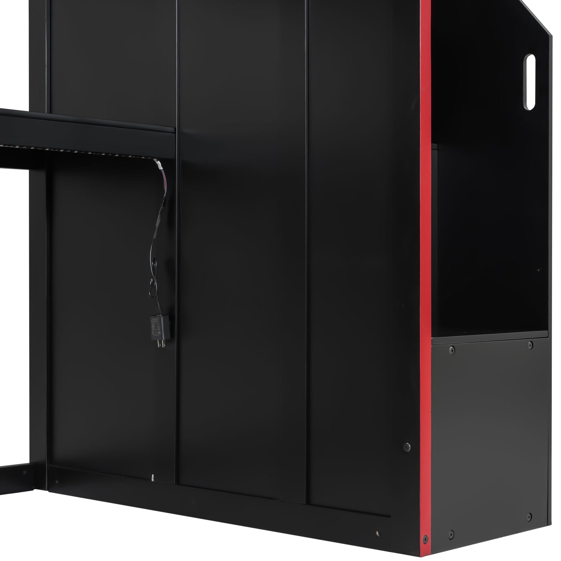 Noble House Mira Twin Gaming Loft Bed, Desk with Storage Locker & LED Lights, Solid Wood Frame, Black and Red