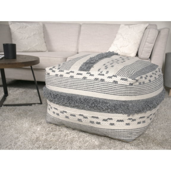 Big Faux Pouf Grey, 26x26 Inches, 200 Pounds Capacity, Fully Assembled, Spot Clean Only, Beads Filled Grey Pouf,