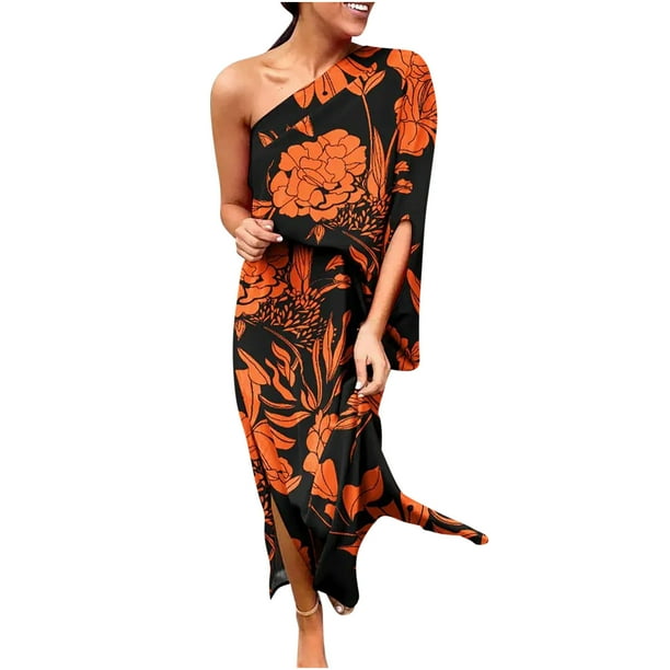 Vestidos Para Mujer Vestidos de Un Hombro Impreso Suelto Media Abertura Dobladillo Manga Odeerbi ODB159365