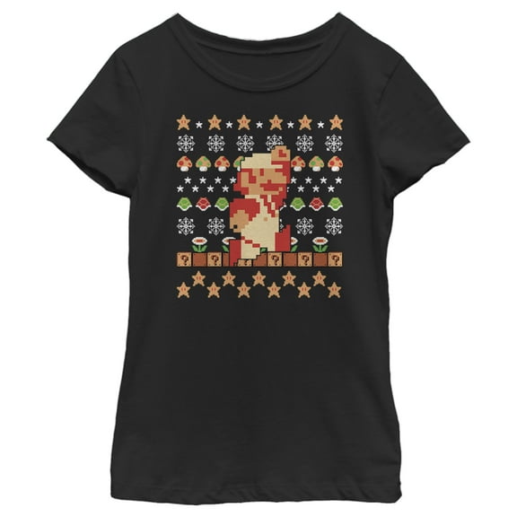 Girl's Nintendo Ugly Christmas Super Mario Pixel Graphic Tee Black Large